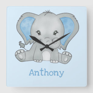 Cute Blue Elephant Name Baby Boy Nursery Quadratische Wanduhr