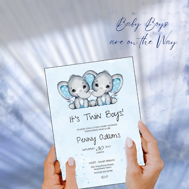 Cute Blue Elephant Twins Baby Shower Invitation Dankeskarte (Von Creator hochgeladen)