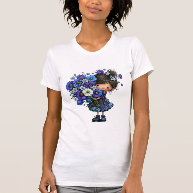 Cute Blue Floral Girl Bouquet Art Design T-Shirt (Vorderseite)