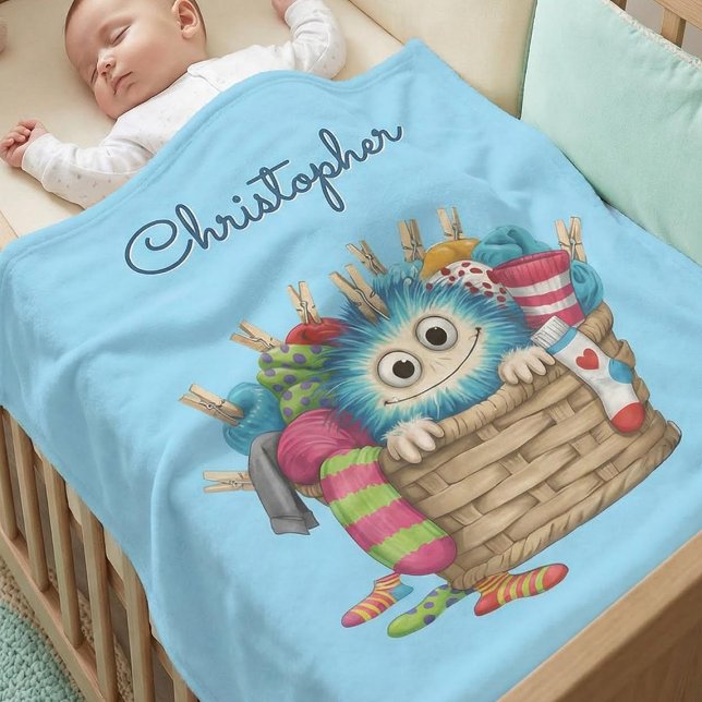 Cute Blue Fluffy Sock Monster Kids Design Fleecedecke (Von Creator hochgeladen)