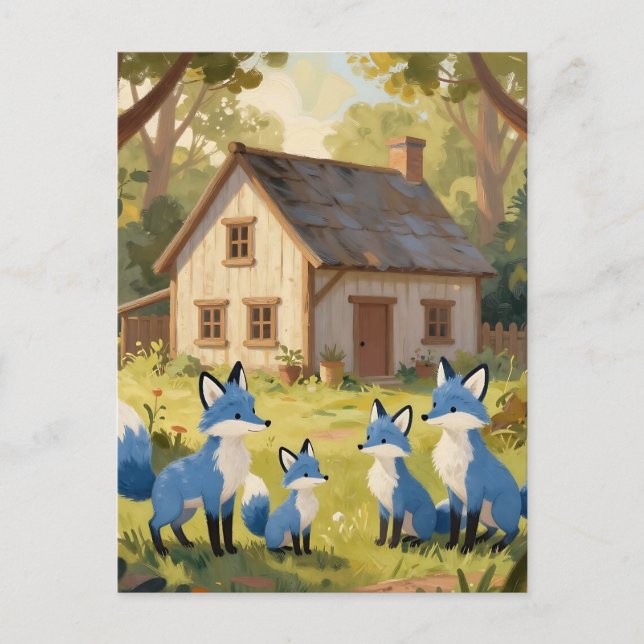 Cute Blue Fox Family Cottage Postkarte (Vorderseite)