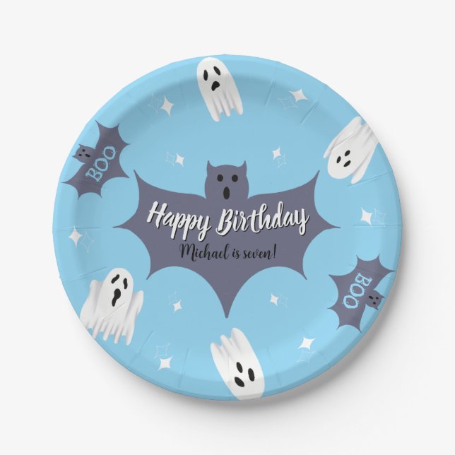 Cute Blue Halloween Birthday Party Pappteller (Vorderseite)