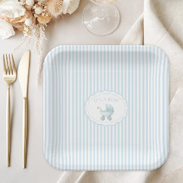 Cute Blue It's a Boy Stroller Baby Shower Pappteller