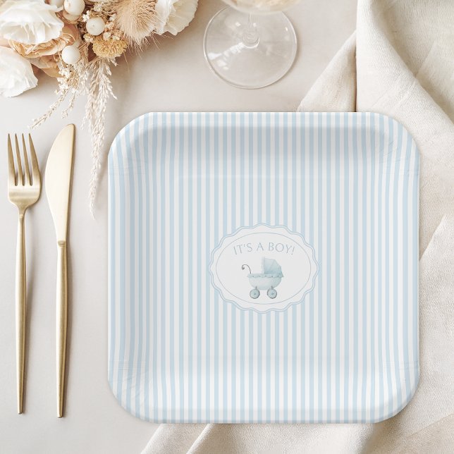 Cute Blue It's a Boy Stroller Baby Shower Pappteller (Von Creator hochgeladen)