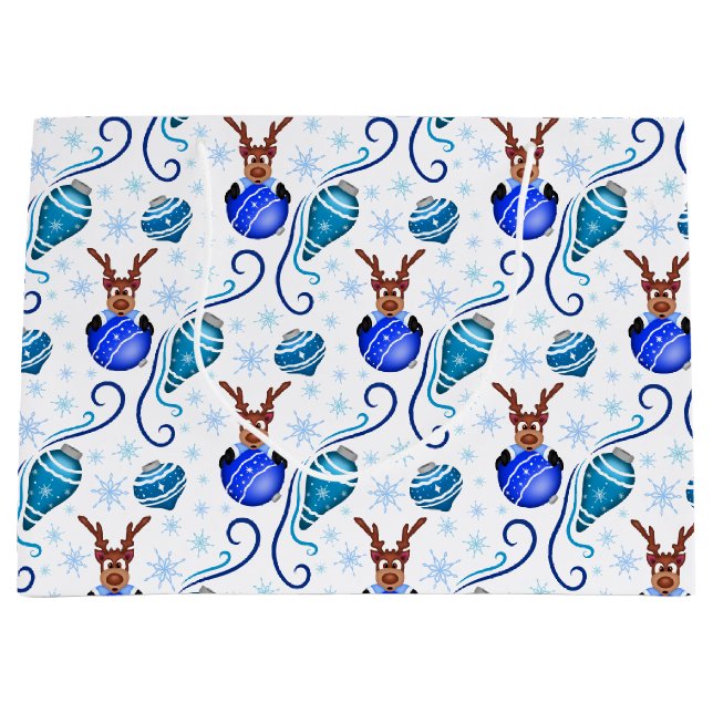 Cute Blue Kids Christmas Reindeer Große Geschenktüte (Vorderseite)