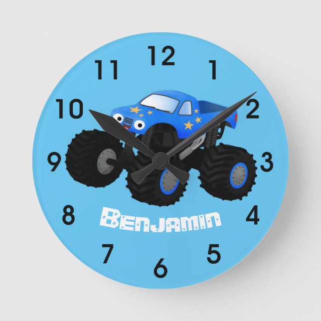 Cute blue monster truck cartoon illustration runde wanduhr (Vorderseite)