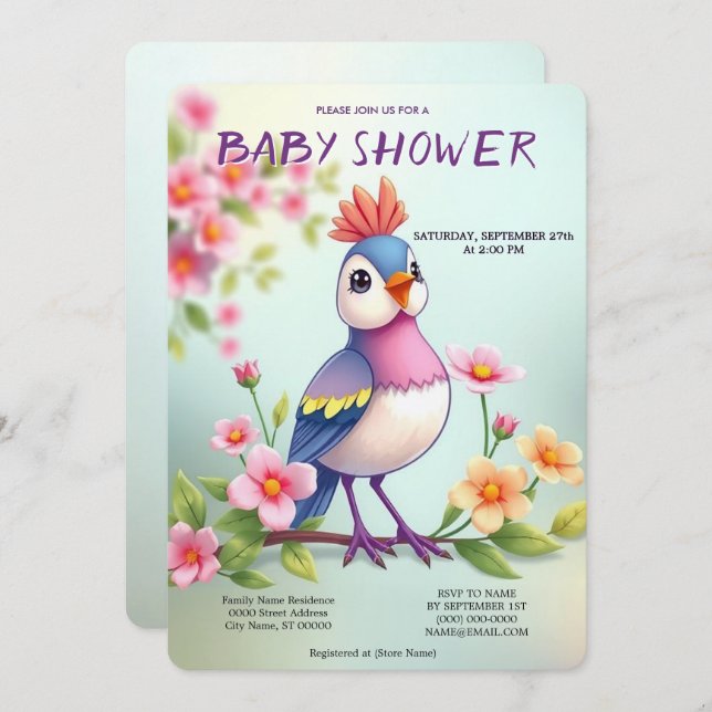 Cute Blue Pink Bird Floral Baby Shower Invitation Einladung (Vorne/Hinten)