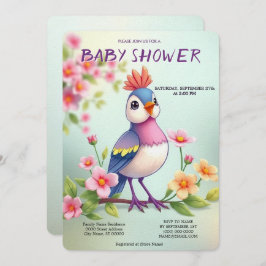 Cute Blue Pink Bird Floral Baby Shower Invitation Einladung