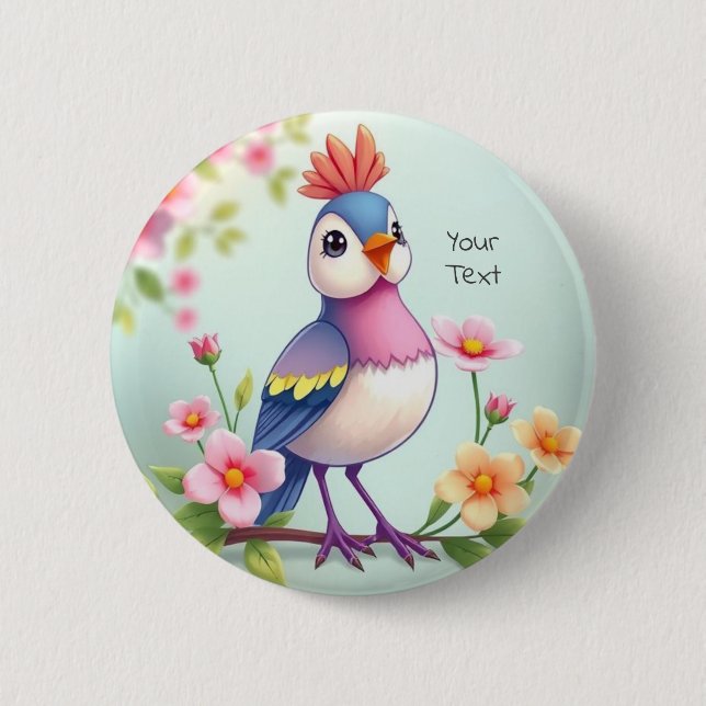 Cute Blue Pink Bird Floral Button (Vorderseite)