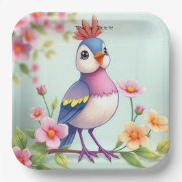 Cute Blue Pink Bird Floral Paper Plate Pappteller