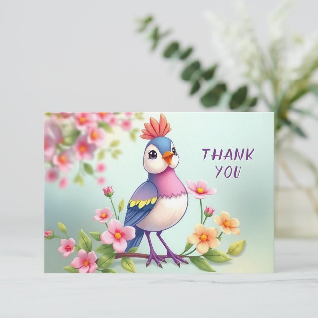 Cute Blue Pink Bird Floral Thank You Card Dankeskarte (Stehend Vorderseite)