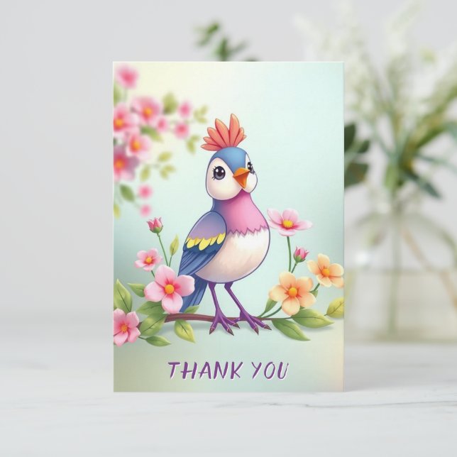 Cute Blue Pink Bird Floral Thank You Card Dankeskarte (Stehend Vorderseite)