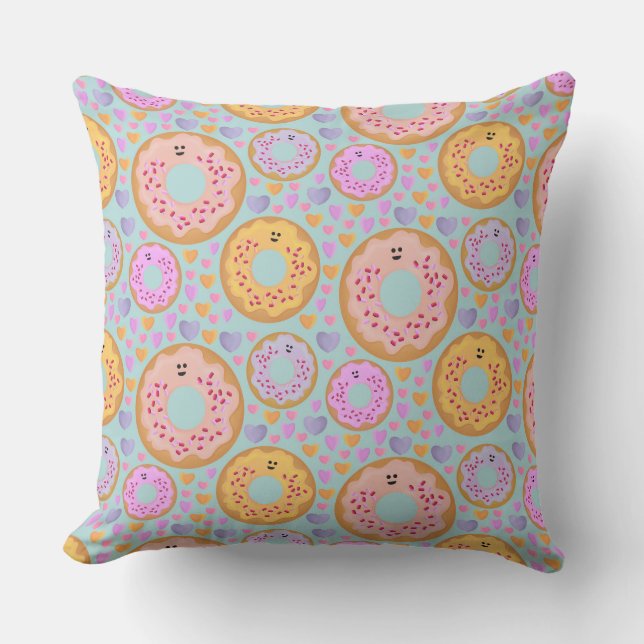 Cute Blue Pink Pastel Donuts & Hearts Kissen (Vorderseite)