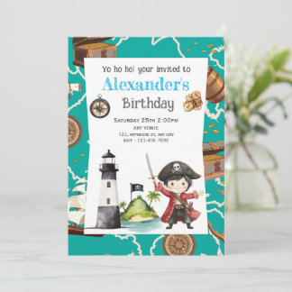 Cute Blue Pirate child's Birthday Invitation Einladung