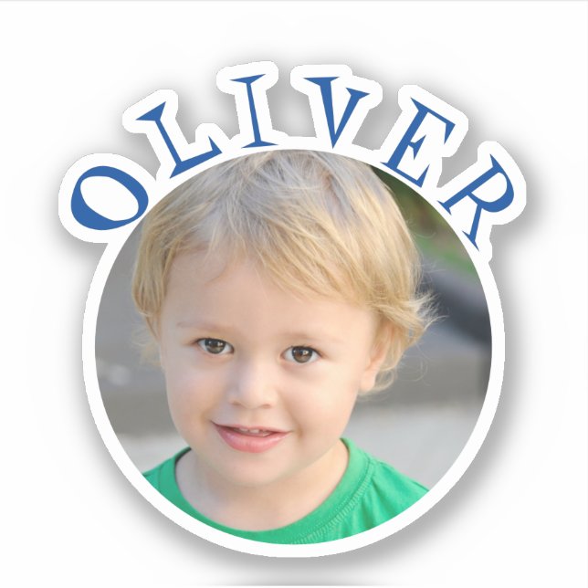 Cute Blue Round Frame Name und Foto Kids Aufkleber (Vorderseite)