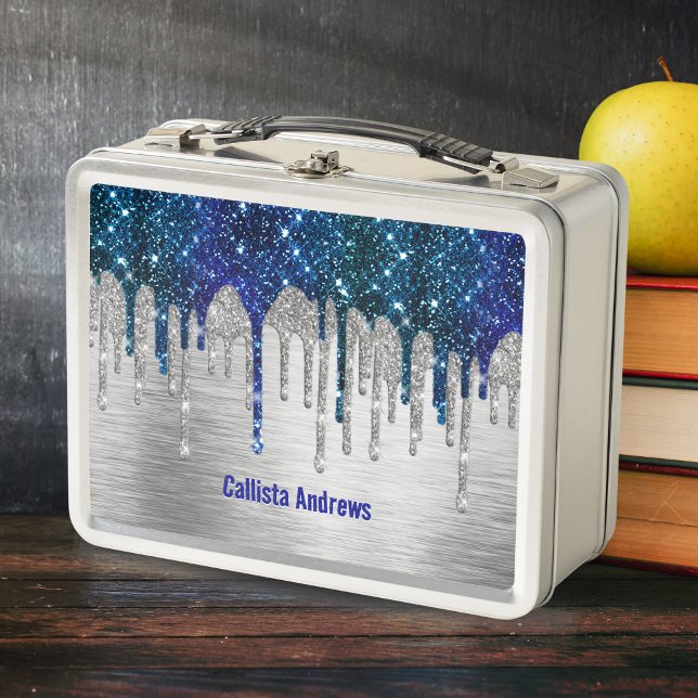 Cute Blue silver faux glitter Drips monogram Metall Brotdose (Von Creator hochgeladen)