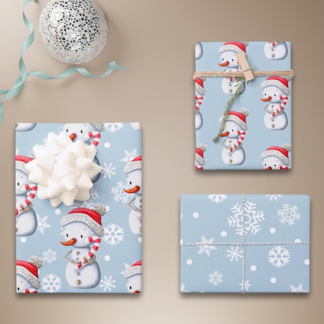 Cute Blue Snowman Snowflakes Christmas  Geschenkpapier Set (Von Creator hochgeladen)