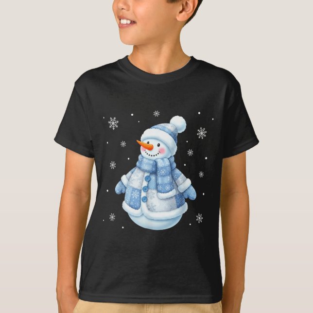 Cute Blue Snowman With Snowflakes Winter Christmas T-Shirt (Vorderseite)