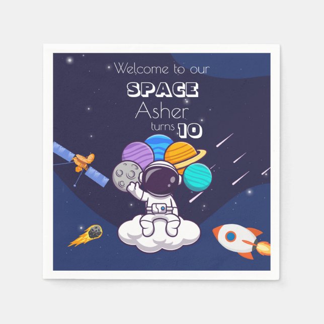 Cute Blue Space Astronaut Personalize Birthday Boy Serviette (Vorderseite)