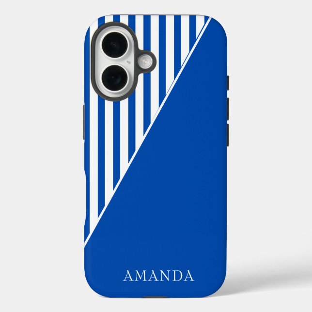 Cute Blue Striped Personalized Name Case-Mate iPhone Hülle (Rückseite)