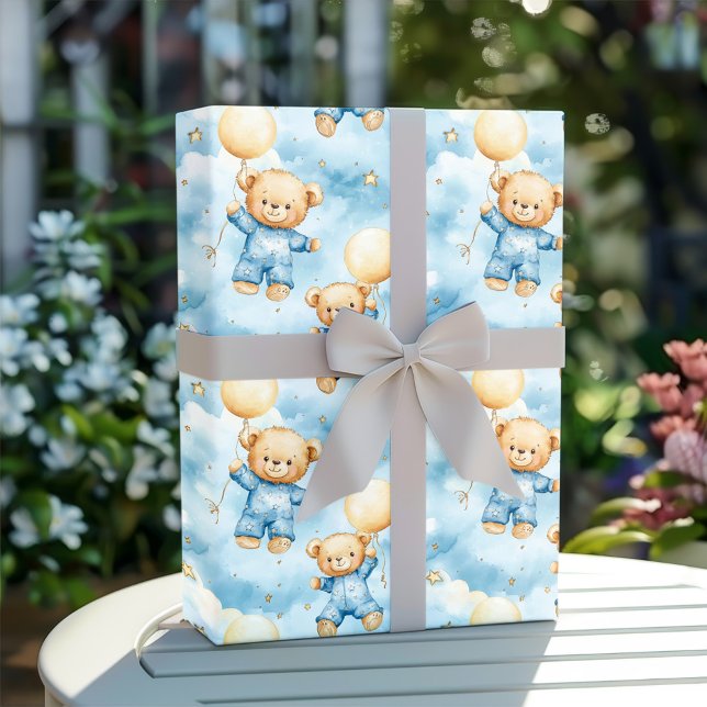 Cute Blue Teddy Bear Baby Boy Shower Geschenkpapier (Von Creator hochgeladen)