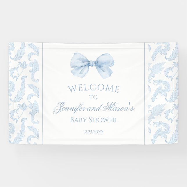 Cute Blue Toile Bow Baby Boy Shower Welcome Banner (Horizontal)