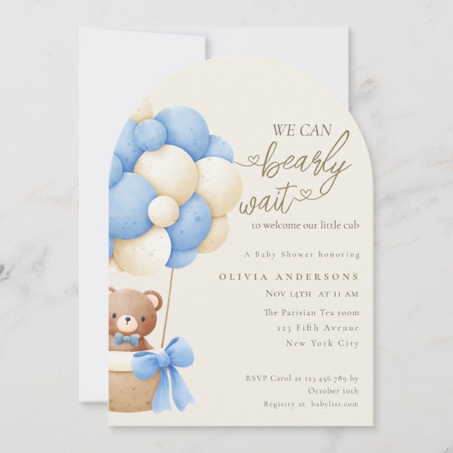 Cute Blue We can Bearly Wait Baby Shower Einladung (Vorderseite)
