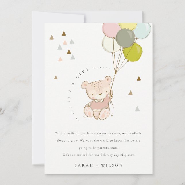 Cute Blush Bear Balloon Baby Announcement Card Dankeskarte (Vorderseite)