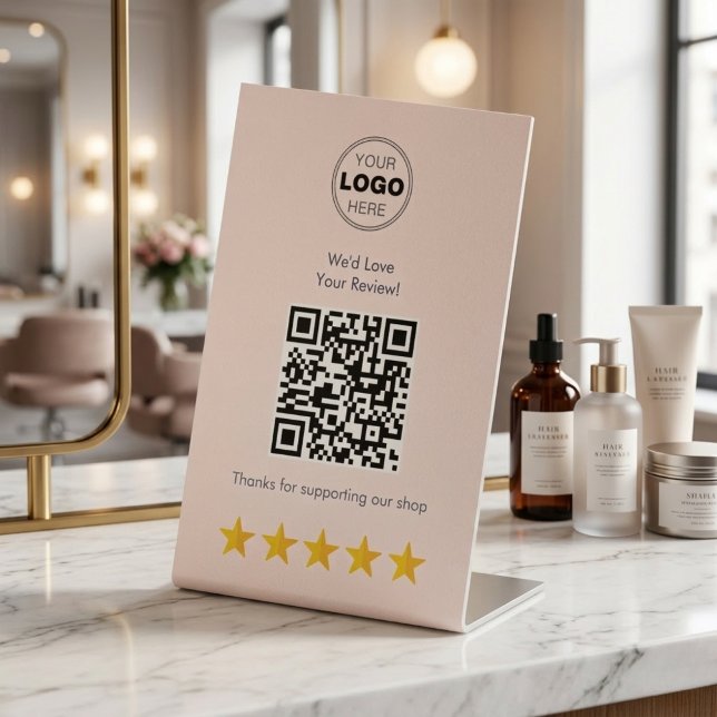 Cute Blush Pink Customer Review QR Code Sockelschild (Boost Your Small Biz Reviews! Cute Blush Pink QR Code Pedestal Sign for Salons & Cafes)