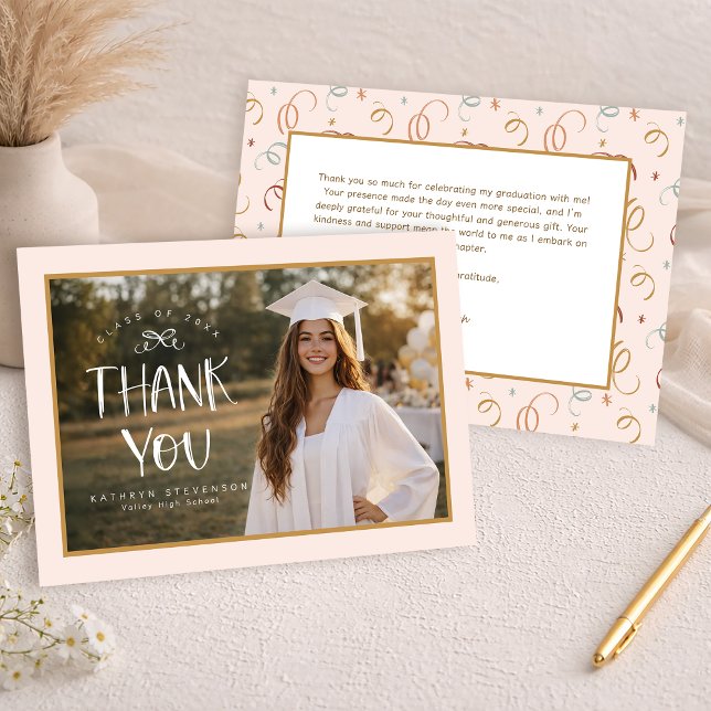 Cute Blush Pink Gold Photo Graduation Dankeskarte (Double-sided flat card)