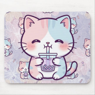 Cute Boba Tea Kitten Mousepad - Aesthetic Pastel 