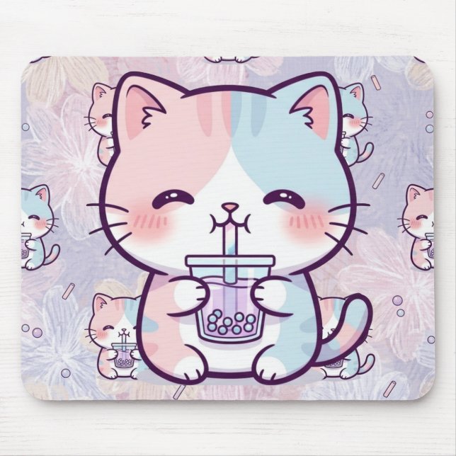 Cute Boba Tea Kitten Mousepad - Aesthetic Pastel F (Vorne)
