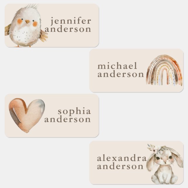 Cute Boho Animals Girl Kids Watercolor Name Etiketten (Gruppe)