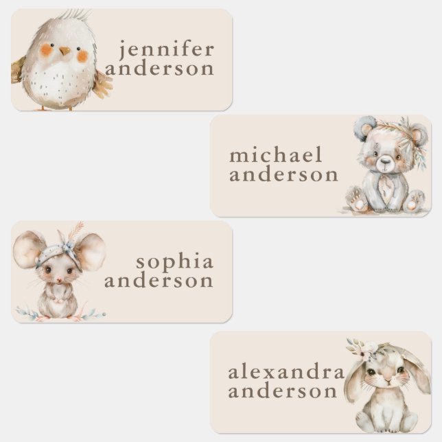 Cute Boho Animals Girl Kids Waterproof Name Etiketten (Gruppe)