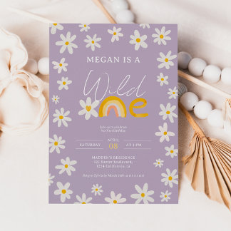 Cute boho daisy rainbow wild one 1st birthday kids einladung
