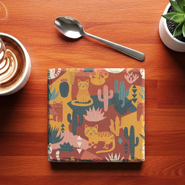 Cute Boho Desert Cats Cactus Succulent Pattern Steinuntersetzer (Von Creator hochgeladen)