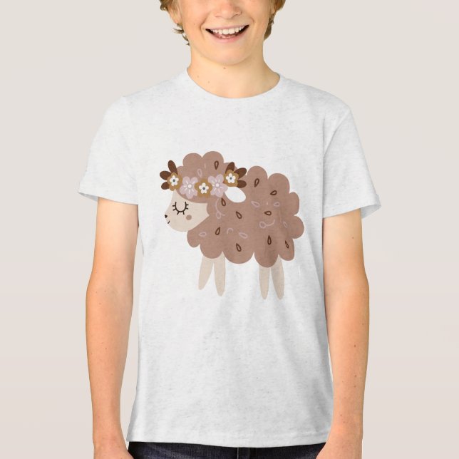 Cute Boho Sheep with Floral Crown Pastel Nursery  Tri-Blend Shirt (Vorderseite)