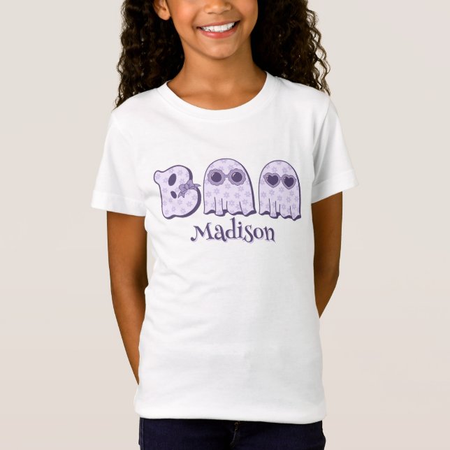 Cute Boo Ghost Halloween Custom Name or Text Girls T-Shirt (Vorderseite)