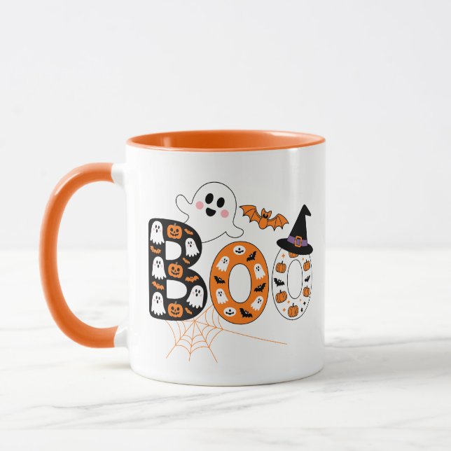 Cute BOO Lettering Ghost and Pumpkin Halloween Tasse (Links)