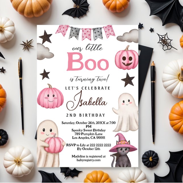 cute boo party pink ghost – Halloween 2nd birthday Einladung (Von Creator hochgeladen)