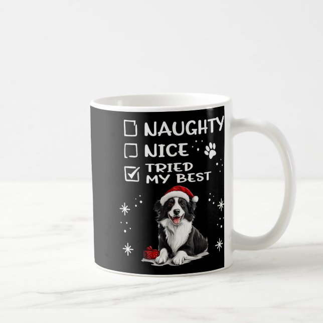 Cute Border Collie Dog Christmas Naughty Nice Trie Kaffeetasse (Rechts)