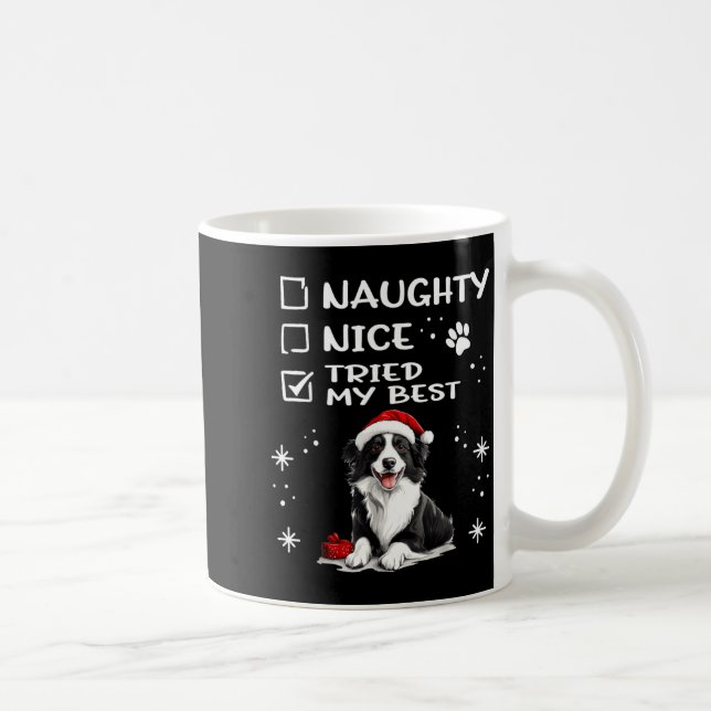 Cute Border Collie Dog Christmas Naughty Nice Trie Kaffeetasse (Rechts)