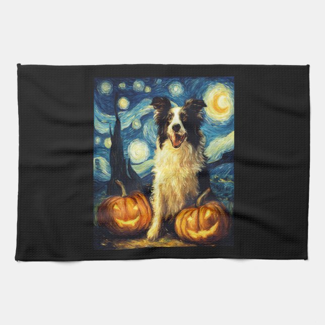 Cute Border Collie Dog Halloween Jack O Lantern Pu Geschirrtuch (Horizontal)