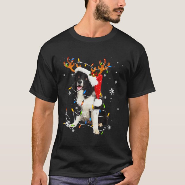 Cute Border Collie Dog Lights Santa Hat Xmas Tree  T-Shirt (Vorderseite)