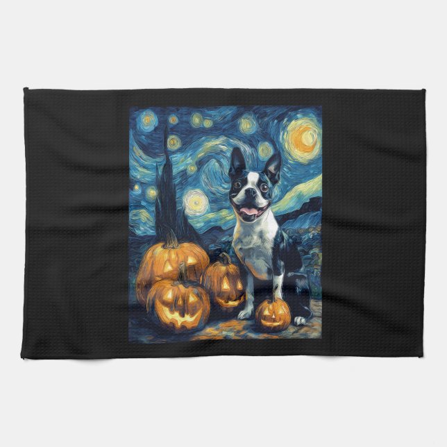 Cute Boston Terrier Dog Halloween Jack O Lantern P Geschirrtuch (Horizontal)
