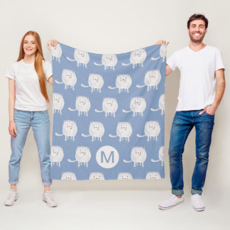 Cute Bouncing White Cat Pattern Monogram Blue Fleecedecke