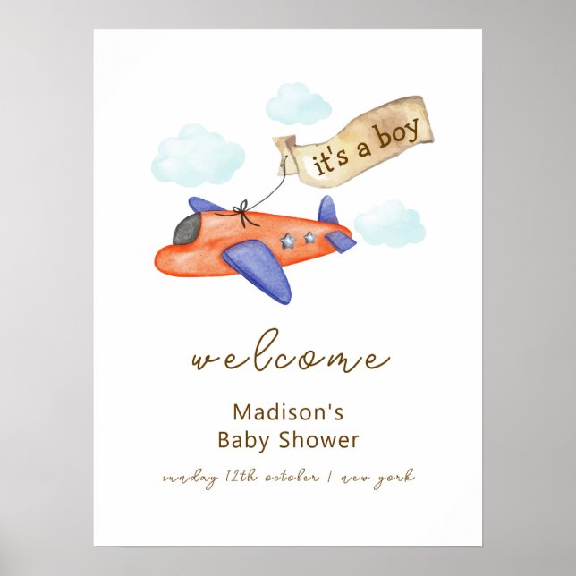 Cute Boy Aviator Airplane Baby Shower Welcome Poster (Vorne)