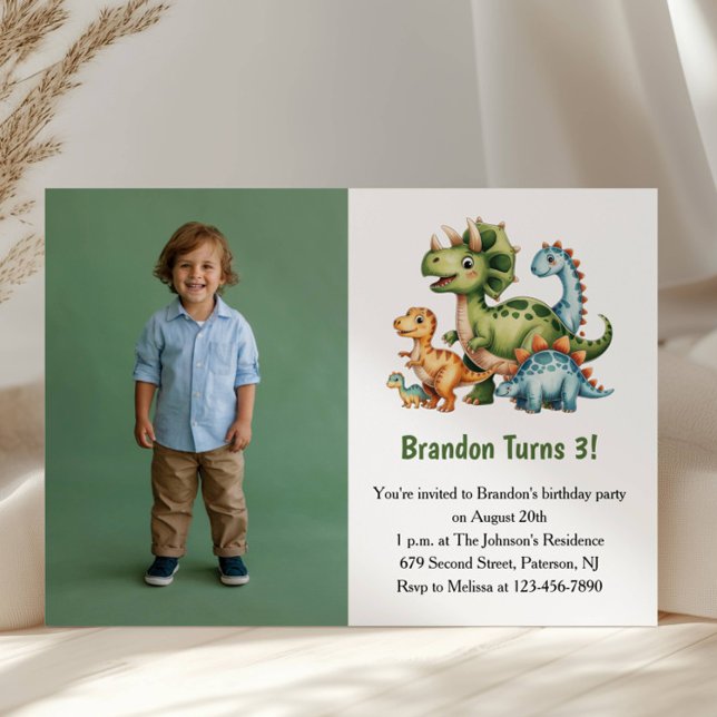 Cute Boy Dinosaur Photo Kids 3rd Birthday Party Einladung (Von Creator hochgeladen)