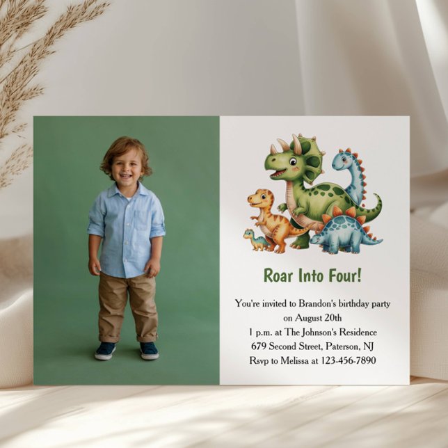 Cute Boy Dinosaur Photo Kids 4th Birthday Party Einladung (Von Creator hochgeladen)