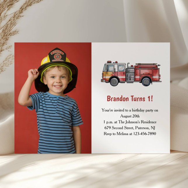 Cute Boy Firefighter Photo Kids 1st Birthday Party Einladung (Von Creator hochgeladen)